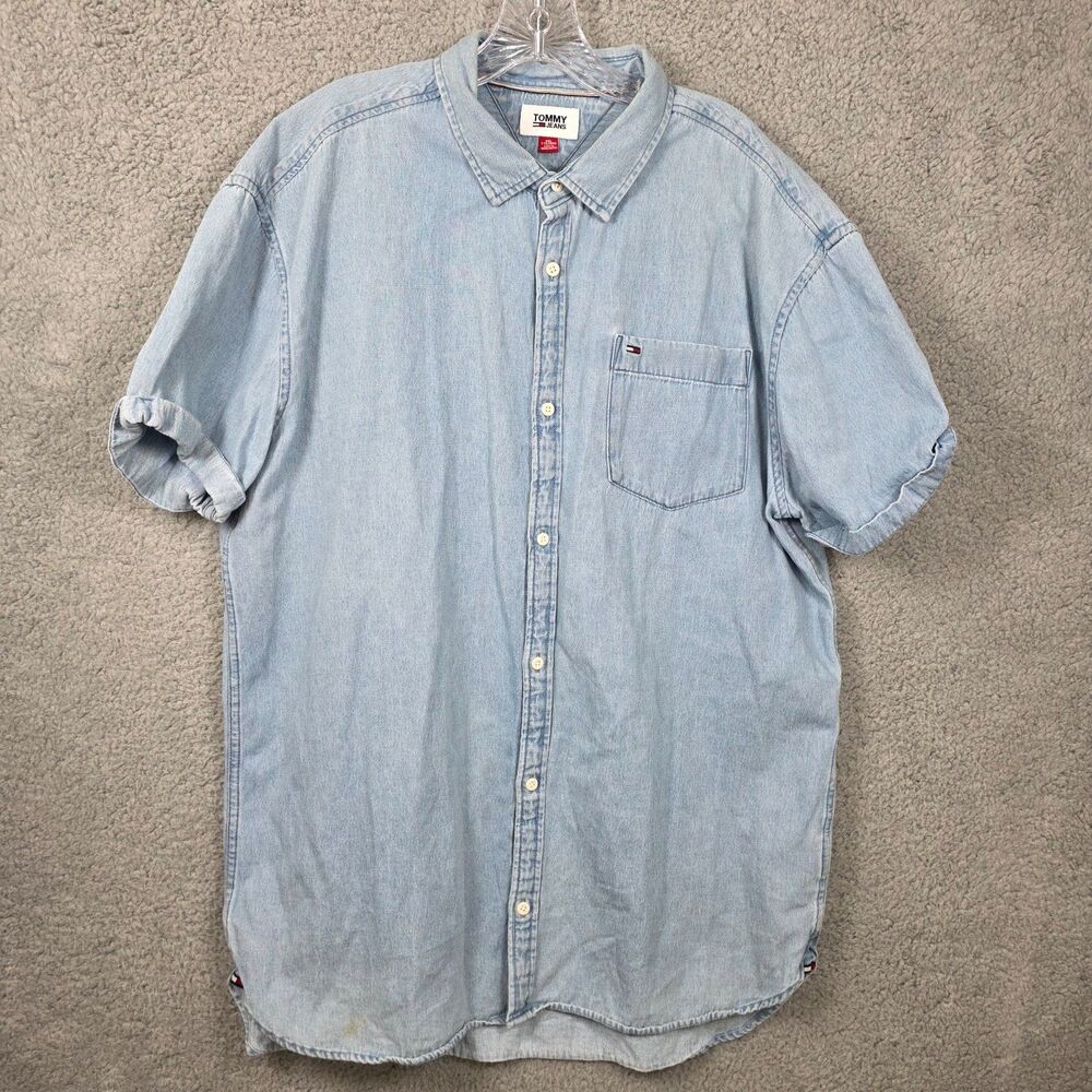 Tommy Hilfiger Men's Blue Denim Short Sleeve Shirt Size 2XL (FLAWS)